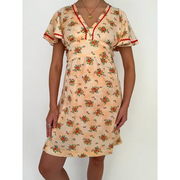 70s vintage handmade pink orange floral print cute coquette midi summer dress - Picture 1 of 9